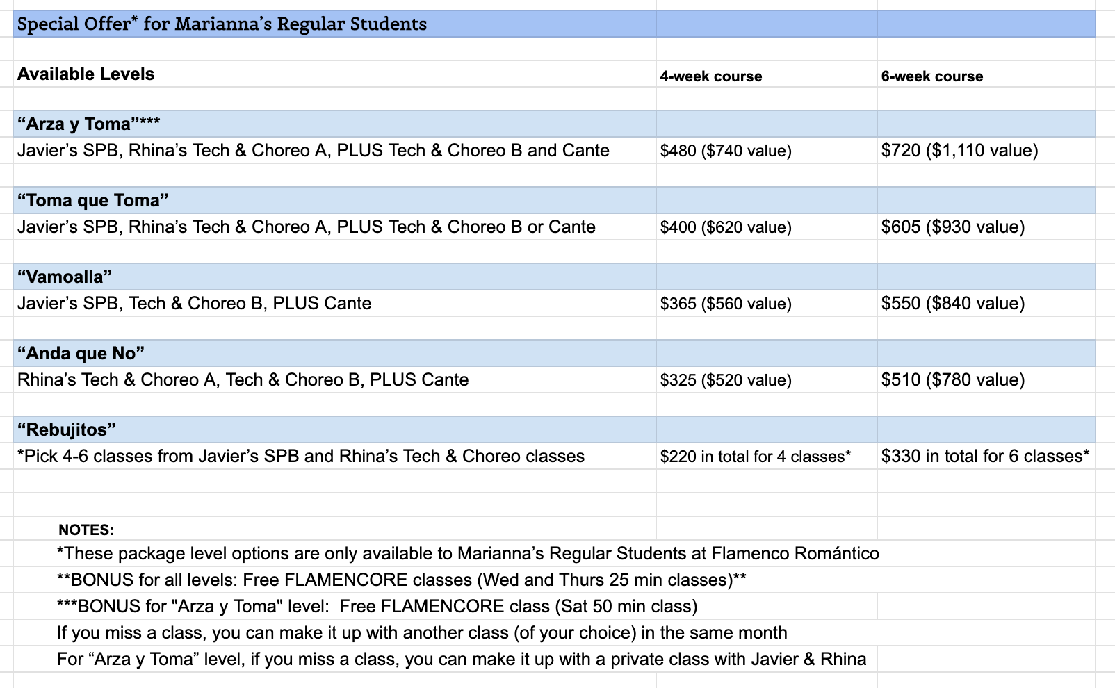 special offer for Romántico Students